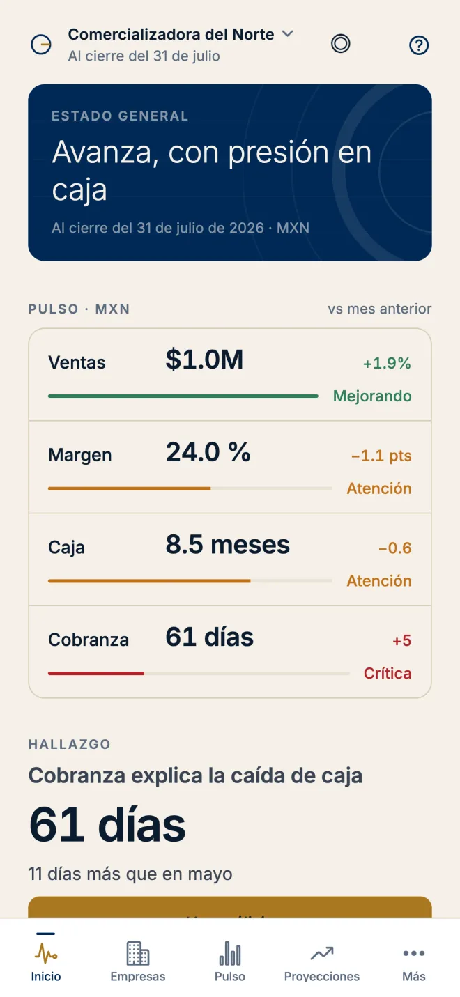 Inicio de GALD para iPhone: estado general «Avanza, con presión en caja» y el pulso de ventas, margen, caja y cobranza.